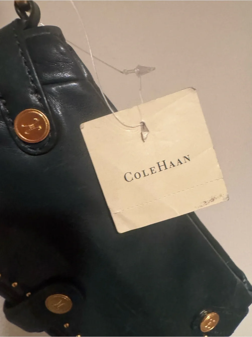 Cole Haan Dark Green Leather Wristlet with Gold Stud Detailing